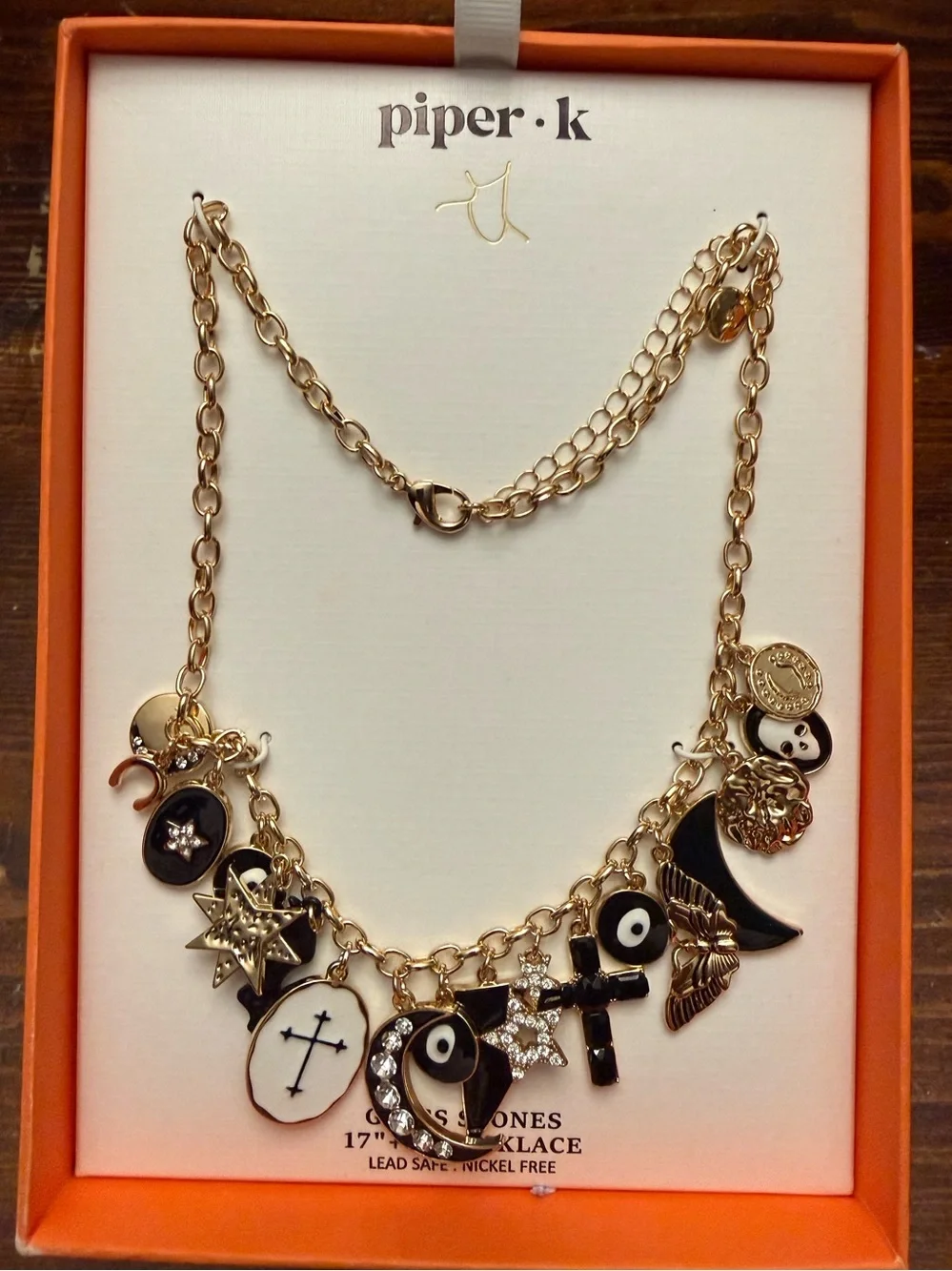 piper•k Gold Tone Black & White Charm Necklace